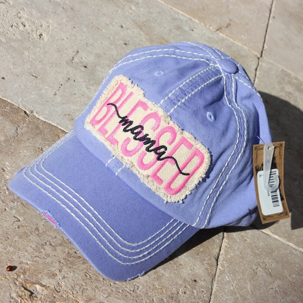 Womens BLESSED Mama Pink Vintage Ballcap Baseball Cap Hat in Distressed Purple